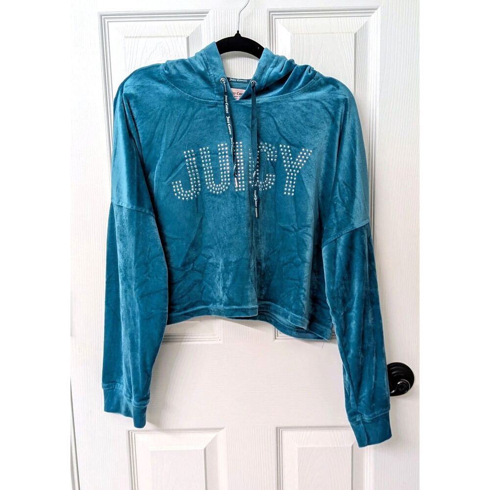 Juicy Couture Y2K Teal Velour Sleepwear Pullover Cropped Hoodie Size L